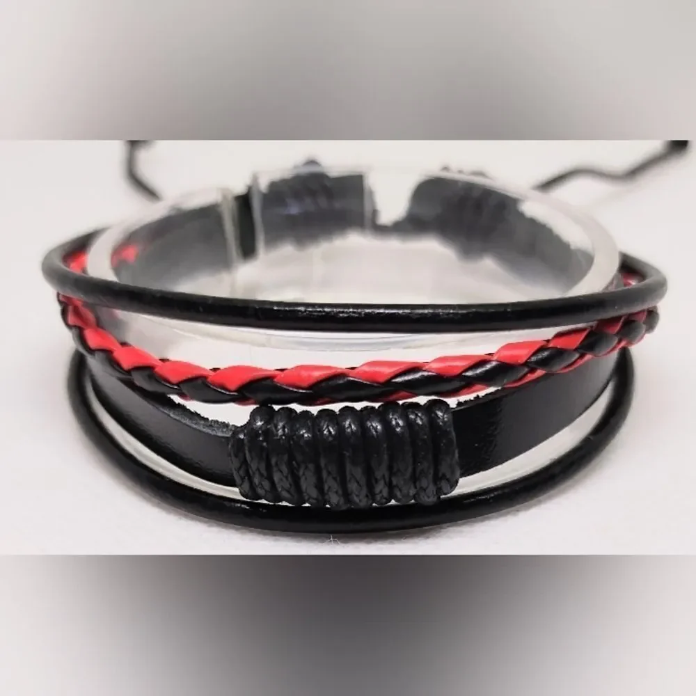 Men's bracelet leather braided layered black new e53‎